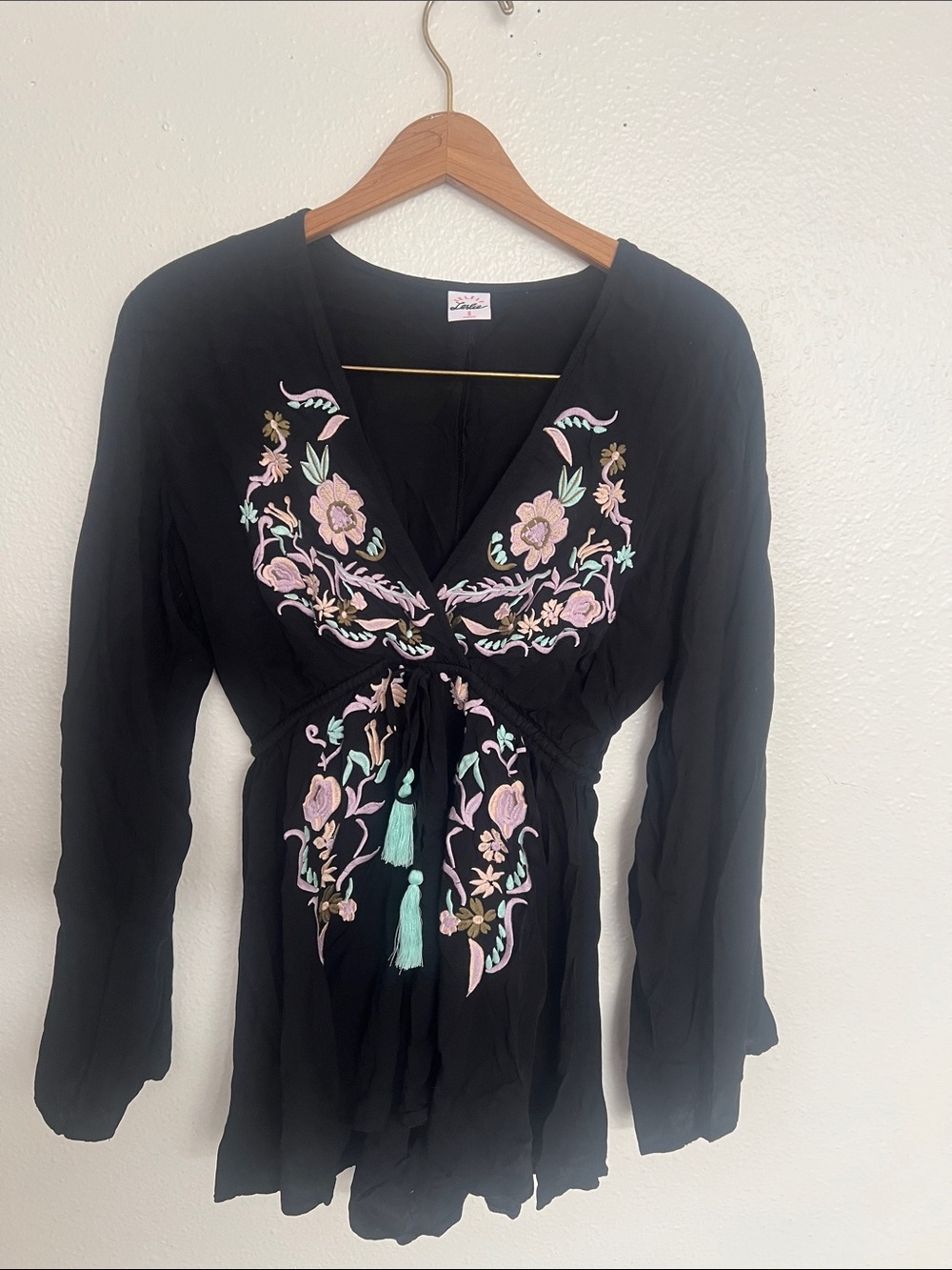 Selfie Leslie Black Tunic with Pink and Mint Floral Embroidery